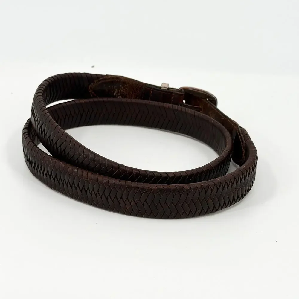 Vintage 90s Brown Genuine Leather Western Woven Silver Tip Belt